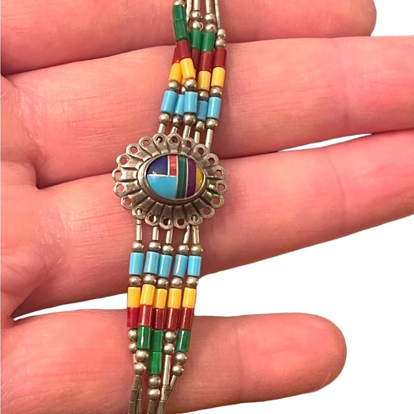 Carolyn Pollack Jewelry - Vintage Native Southwestern ZUNI Seed bead Sterling silver stone Inlay bracelet